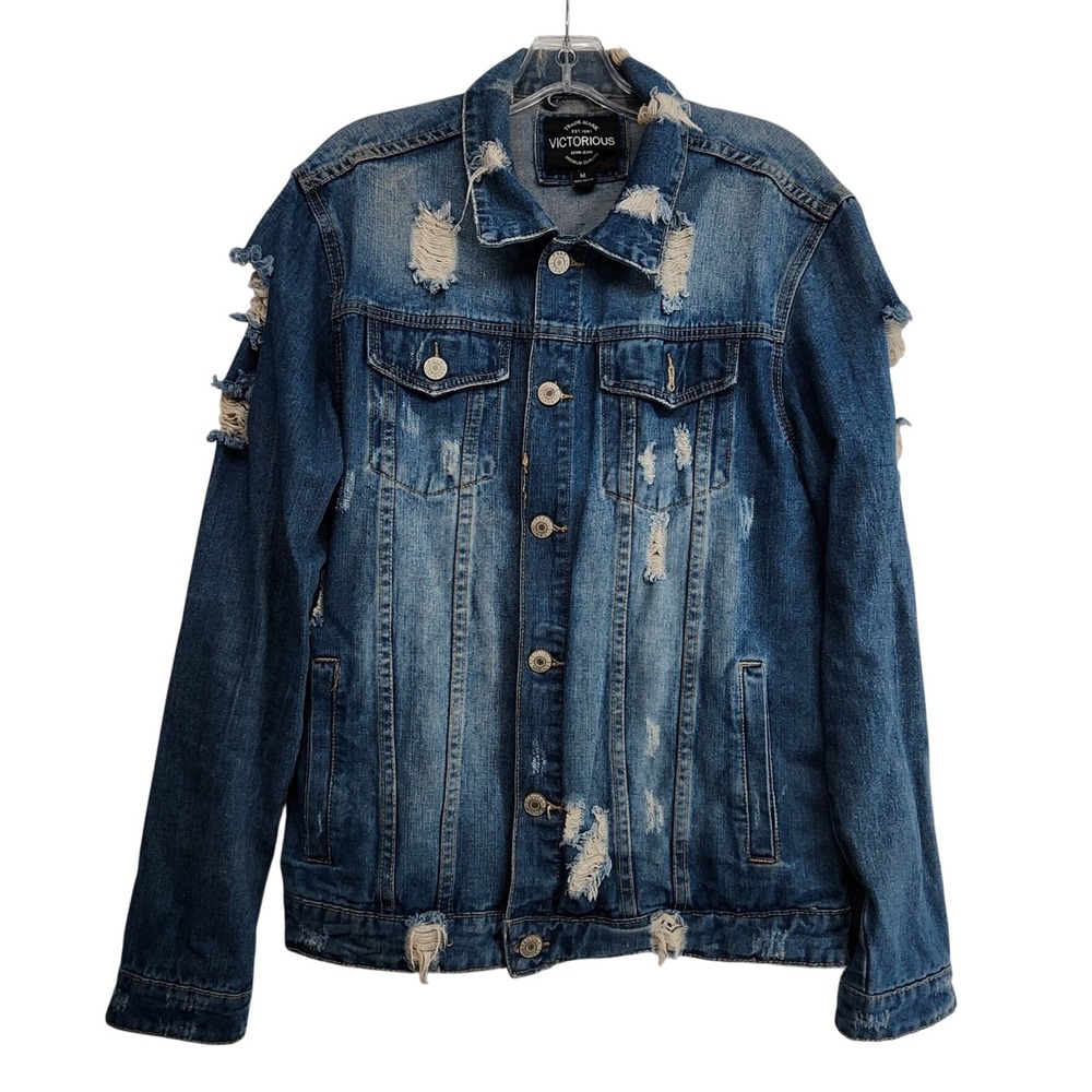 Victorious Size M Blue Distressed Denim Jacket Ripped Streetwear Grunge Punk
